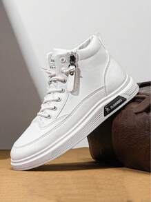 Herenmode High-Top Skateschoenen, Casual Sport Enkellaarsjes, Effen Kleur Minimalistisch, Vetersluiting Rits Decor, Ronde Neus, Geschikt Voor Dagelijks Buiten Wandelen