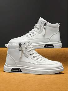 Herenmode High-Top Skateschoenen, Casual Sport Enkellaarsjes, Effen Kleur Minimalistisch, Vetersluiting Rits Decor, Ronde Neus, Geschikt Voor Dagelijks Buiten Wandelen