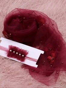 2 件装婴儿珍珠裹巾带头带新生儿摄影道具花朵裹巾雪纺珠子 DIY 女童男童摄影道具毯子婴儿洗澡复活节礼物适合女孩/男孩