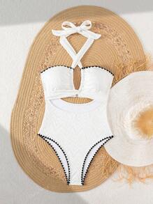 1 pezzo Costume da bagno intero con decorazione floreale bianca, scollo alla halter e incrocio davanti, adatto per l'estate e le vacanze al mare