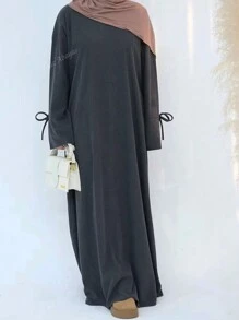 One Piece Autumn Winter Women Corduroy Closed Abaya Bowknot Sleeve Causal Long Dress With Pockets Moroccan Arab Robes, Modest