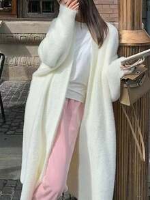 女式纯灰色落肩长袖宽松长款休闲保暖长款毛绒上衣舒适开衫，适合秋冬季，圣诞服装，婚礼和生日服装，BGrey 休闲装，商务休闲女装，冬装，冬季女式毛衣外套，秋季女装，女式毛衣，返校节，长款开衫，纯色前开宽松针织开衫，休闲长袖长款毛衣，女士服装