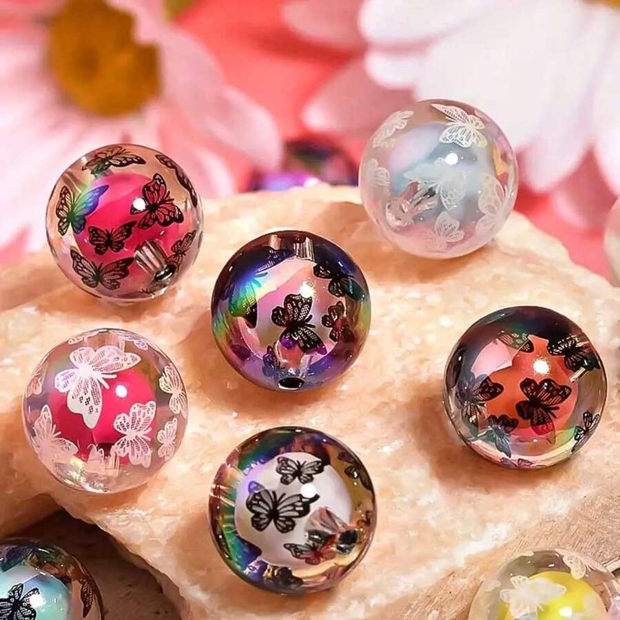 10pcs 16mm Black & White Butterfly Pattern Acrylic Double-Layer Beads, Suitable For DIY Jewelry Making, Such As Pen Decorations, Necklaces, Bracelets And Other Handicraft Materials - 10pcs - View 1