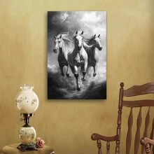 1 Pc Black And White Horse Wooden Framed  Canvas Painting Thickness 2.25cm/0.9inch High Quality Wall Art Prints Poster Direct Hanging Wall Picture Decor For Home Gifts, Christmas Gift,Living Room, Bathroom, Bedroom, Kitchen