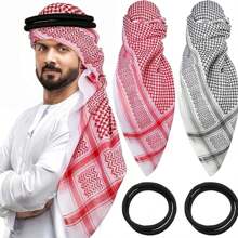 阿拉伯 Keffiyeh 头巾，阿拉伯沙漠头饰，头带，阿拉伯酋长男士头饰，沙特迪拜围巾，采用格纹面料制成，柔软、透气、轻盈，有红色、白色、黑色和白色格子颜色可供选择 - 查看 2