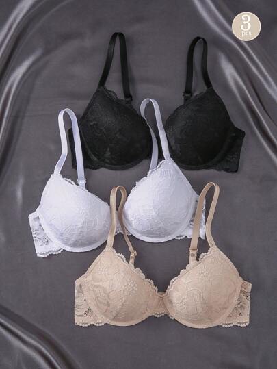3 pièces Soutien-gorge en dentelle sexy multicolore, soutien-gorge push-up confortable avec armatures pour femmes