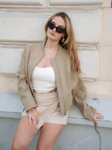 Blouson aviateur pour femme - Veste aviateur avec poches, design minimaliste de couleur unie, fermeture à glissière, collection printemps/été, élégante et polyvalente, parfaite pour les vêtements de travail, de bureau, d'école et d'université.