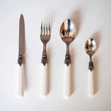 New 24 Piece Stainless Steel Cutlery Set, Bowling Handle Bamboo Handle - 白色 - 查看 3