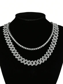 1 件男士百搭百搭水钻嘻哈朋克闪亮链条项链，可调节分层组合 - 彩色 - 查看 3