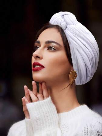 女士交叉扭结头带，时尚欧美风格打结头巾，闪亮百褶帽，春秋