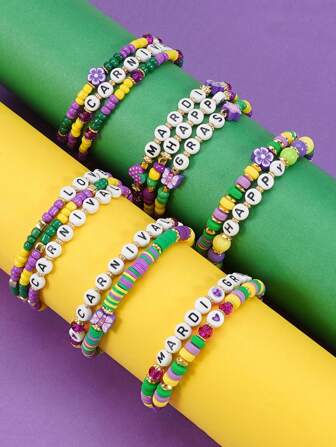 1 件波西米亚聚合物粘土狂欢节珠子手链，适合女士，适合日常佩戴和节日派对