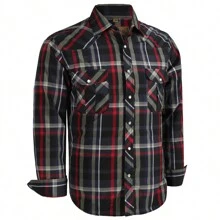 Men's Western Cowboy Pearl Snap Plaid Button Up Casual Long Sleeve Two Pockets Work Shirts - 6 đen đỏ - Xem 1
