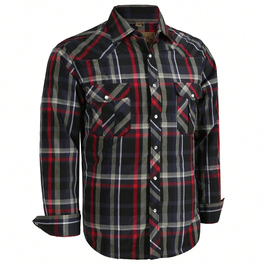 Men's Western Cowboy Pearl Snap Plaid Button Up Casual Long Sleeve Two Pockets Work Shirts - 6 đen đỏ - Xem 1