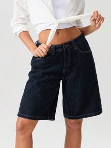 Women's Knee Length Denim Shorts Loose Solid Color Low Rise Wide Leg Long Shorts With Pockets For Summer - Navy Blue - View 3