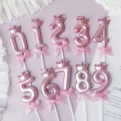 Rose Gold Digital Candles Crown Bow Birthday Cake 0-9 Candles Birthday Party Plugin Dress Up Candles