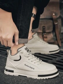 Men's High-Top Motorcycle Boots, Beige & White, Lace-Up, Waterproof, Anti-Slip & Wear-Resistant, Suitable For Outdoor Activities, Hiking, Vintage British Style Boots, Snow Boots - Beige - View 4