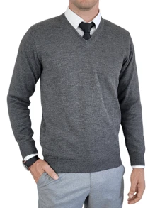 Men's Premium Knitted Sweater Blouse With V-Neck - Dark Grey - View 1