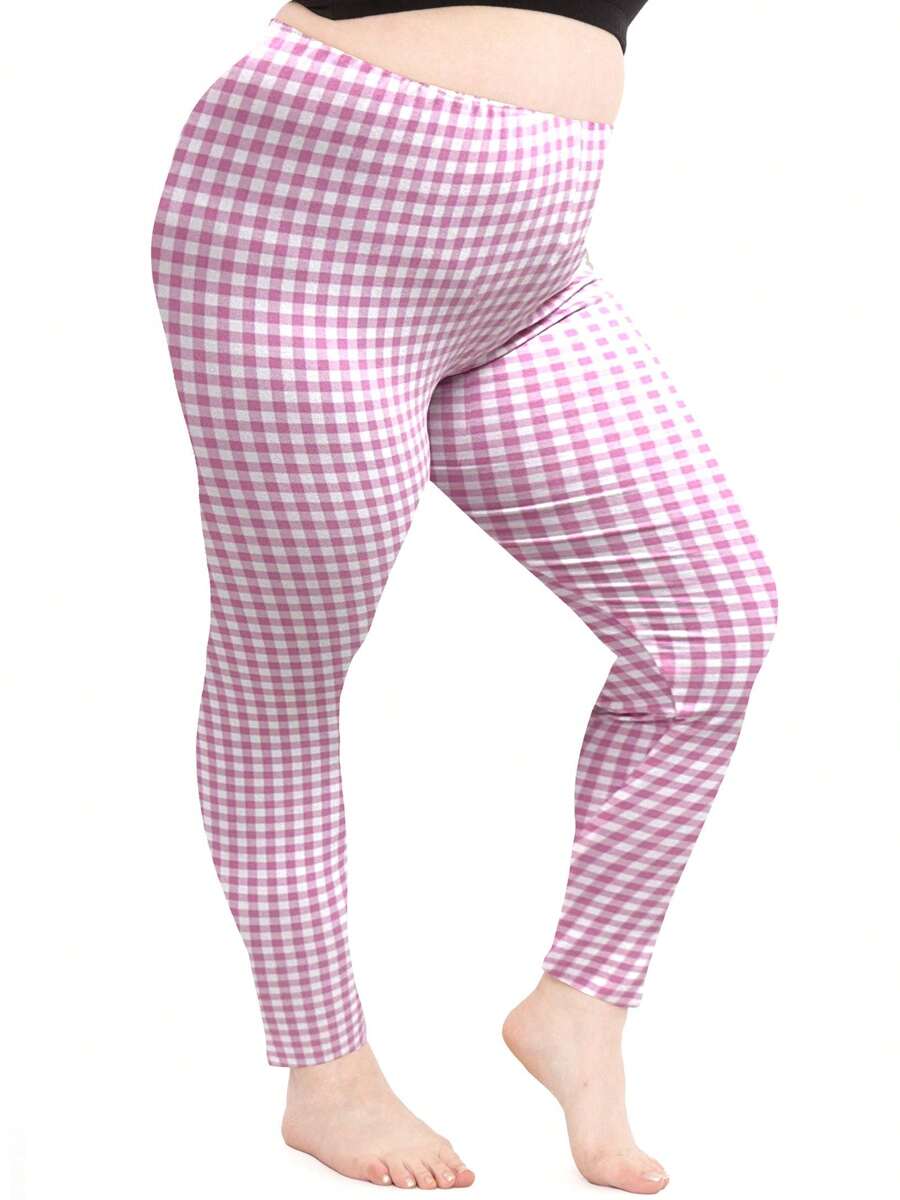 Women's And Plus Size Oh So Soft Full Length Leggings | Solids & Prints | Adult Sizes S - 7X - 粉紅方格 - 查看 1