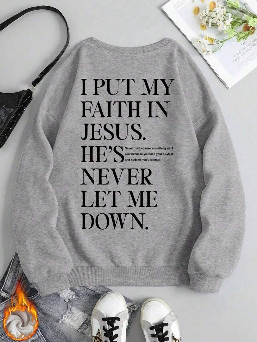 Women's God Jesus Slogan Letter Print Sweatshirt, Loose Fit Cotton Drop Shoulder Gray Pullover Hoodie, Thick Brushed Lining, All-Match Oversized Crew Neck Sport Casual Top, Suitable For Cold Weather