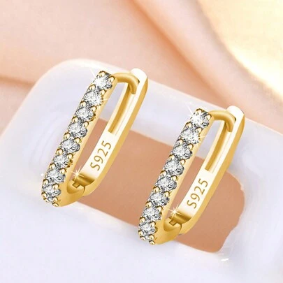 1 Đôi bông tai bạc 925 đính đá Zirconia lấp lánh, kiểu dáng thời trang, đường kính 1.5cm, thích hợp làm quà cưới/sinh nhật cho nữ, hoặc đeo hàng ngày, kèm hộp quà sang trọng.
