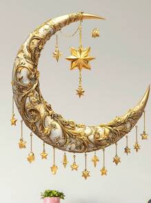 1 件伊斯兰风格墙壁月亮和星星墙贴 - 可移除自粘，适用于中东装饰墙壁、汽车、窗户、冰箱、门等宗教 - 金色 - 查看 1