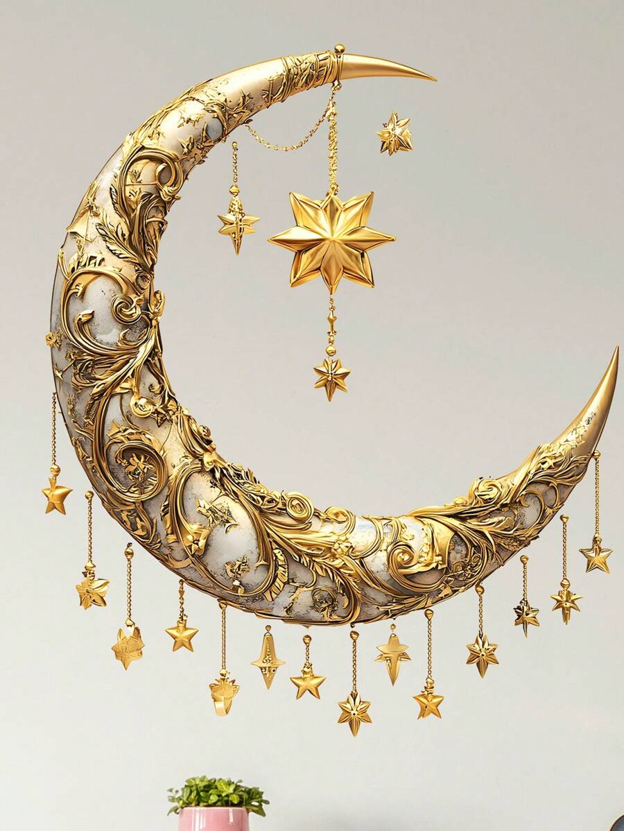 1 件伊斯兰风格墙壁月亮和星星墙贴 - 可移除自粘，适用于中东装饰墙壁、汽车、窗户、冰箱、门等宗教 - 金色 - 查看 1