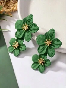 一对时尚优雅的双层花朵设计耳钉，适合女性日常佩戴、节日和派对场合，也是理想的情人节礼物。 - 綠色 1 - 查看 3