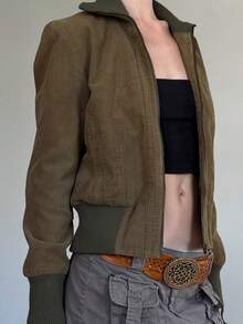 复古女式灯芯绒外套圆领拼接修身原宿夹克秋冬 Y2K 复古休闲拉链夹克 - 棕色 - 查看 2