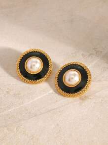 Uworld 1 Pair Of Women's Black Ggold Series Stainless Steel Earrings French Elegant Women's Jewelry Black Onyx Inlaid 18K Gold-Plated Stainless Steel Jewelry Suitable For Daily Wear Party Vacation Etc - Black Gold - View 7