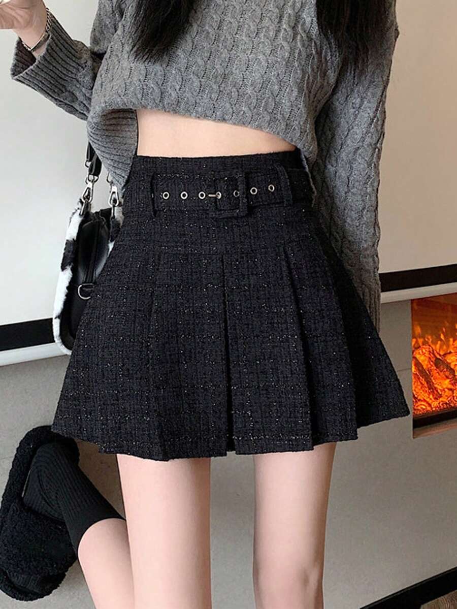 Women Pleated A-Line Mini Skirt, Versatile, Slim Fit, Autumn/Winter New Arrival - Black - View 1