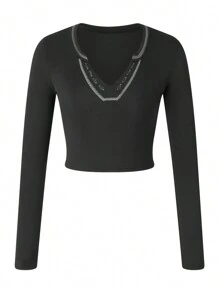 Women Short Top Shirt, Long Sleeve Patchwork Ribbed Front Button V-Neck Cropped Tops, Slim Navel Shirt - Black - View 2