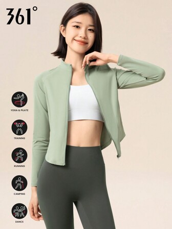 361degree Jachetă nouă de primăvară/toamnă cu mânecă lungă pentru sport și yoga, stil minimalist, solid mat, îmbrăcăminte exterioară, design cu guler stand, slăbire în talie, fermoar, țesătură elastică și respirabilă, potrivită pentru alergare, yoga, fitness, pilates, dans, sport cu minge, ținută zilnică, sport casual