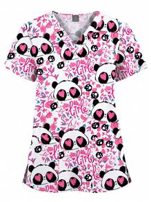 Cartoon Print Spa Uniform Beauty Salon Pet Shop Uniforms Fashion Slim Fit Top Scrub Clothes Women Scrubs Lab Coat