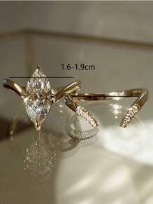 2pcs/Set Luxury S925 Silver Zirconia V-Shaped & Olive-Shaped Stackable Rings, Women Fashion Party, Wedding, Holiday, Daily Wear Gift