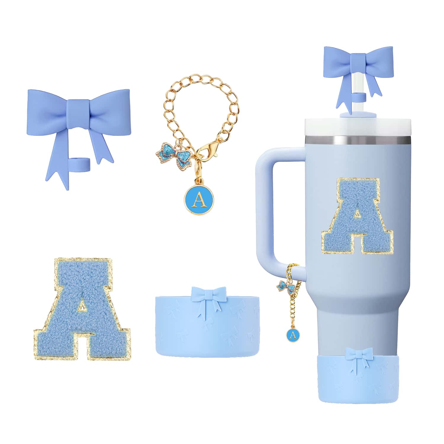 4 件套专为杯子配件设计，1 件剪裁蝴蝶结硅胶吸管盖，1 件姓名 ID 字母手柄饰物，1 件自粘字母贴纸，1 件杯套。杯子配件，0.4 英寸/10 毫米蝴蝶结吸管盖帽，适用于 30 盎司和 40 盎司的玻璃杯 - 蝴蝶結藍色 - 查看 1