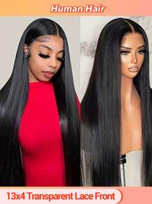 13x4 直发蕾丝前部假发 人发预拔 180 密度透明蕾丝前部人发假发 适合女性 婴儿头发 自然黑色 - 自然色&黑色系 - 查看 1
