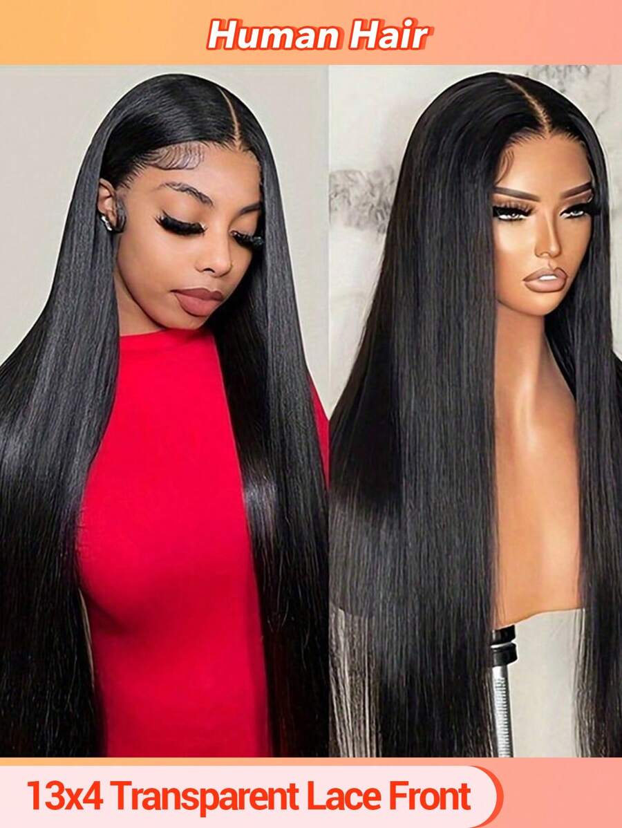 13x4 直发蕾丝前部假发 人发预拔 180 密度透明蕾丝前部人发假发 适合女性 婴儿头发 自然黑色 - 自然色&黑色系 - 查看 1