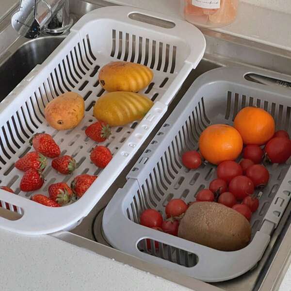 3pcs Plastic Telescopic Colander, Multi-Functional Strainer Basket For Washing Fruit And Vegetables, Kitchen Washing Basin Drainage Basket