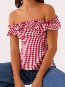 Women's Summer Slim Tops Short Sleeve Off Shoulder Open Back Plaid T-Shirt - Red - View 6
