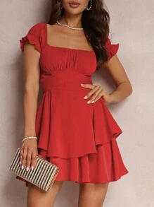 Women's Mini A-Line Dress Solid Color Ruffled Sleeves Square Neck Layered Hem Dress - 紅色 - 查看 4
