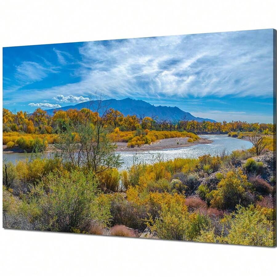 1PCS Framed New Mexico Canvas Print Rio Grande River Winding Wall Decor For Living Room Mountain Landscape Painting Poster Painting Office Home Office Decor For Bedroom Restaurant Hotel Apartment Studio Coffee Room Dressing Room Wall Decor - Multicolor - View 1