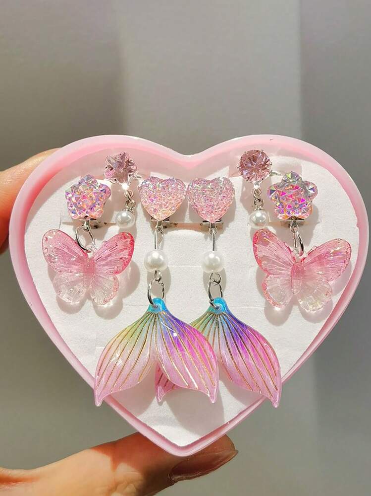 6pcs Mermaid Princess Clip-On Earrings Set Suitable For No Pierced Ears - Faux Stone Tassel Pendant, Acrylic & Plastic Decor, Heart-Shaped Gift Box - A - View 2