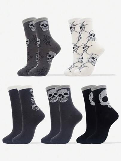 5/7 Pairs Women Mid-Calf Socks, Dark Gothic Cartoon Skull Pattern Happy Socks, Soft Breathable Daily Casual Street Fashion Hip Hop Outdoor Sports Basketball Yoga Tube Socks, Halloween Socks, Vintage Fruit 3D Print Mid-Calf Socks, Fall