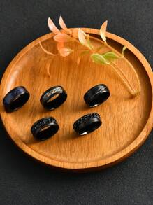 5 件时尚简约创意链条、罗马数字、齿轮、龙纹刻印戒指套装，时尚个性化圣诞礼物