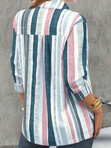 Plus Size Stripe Print Button Front Lapel Collar Shirt - Blue - View 2