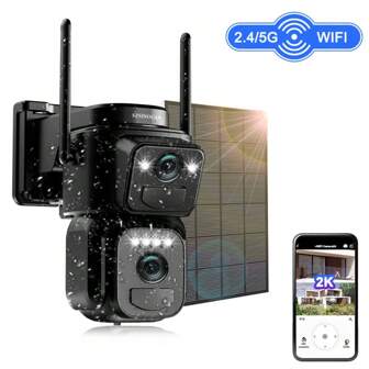 Nero-1PCS-2K telecamera di sorveglianza solare wireless all'aperto, telecamera di sorveglianza Wi-Fi dual-lens 2.4 GHz/5 GHz e telecamera solare PTZ a 360 ° per la sorveglianza domestica / ufficio, dotata di visione notturna a colori, riconoscimento PIR, audio bidirezionale, tracciamento automatico, rotazione orizzontale a 355 ° e verticale a 90 °, luce anteriore / allarme, scheda SD / duale cloud di archiviazione, regalo adatto a tutti i tipi di festività.