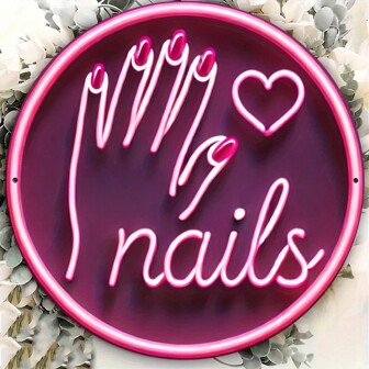 1pc Pink Neon Sign Nail Art Decor, 8"X8" Round Iron Wall Art, Non-Electric Laser Cut Iron Sign, Random Hanging Style