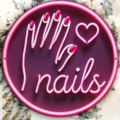 1pc Pink Neon Sign Nail Art Decor, 8"X8" Round Iron Wall Art, Non-Electric Laser Cut Iron Sign, Random Hanging Style