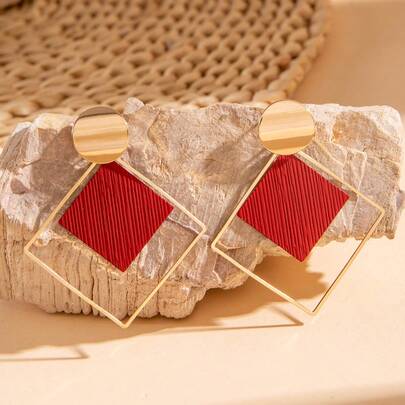 imoli 1 Pair Retro Copper Geometric Square & Circle Decor Earrings For Women, Creative Date Night Gift