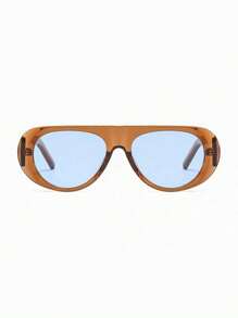 Visivana 1pc Oversized Oval Fashion Glasses, Fashion Retro High-End Glasses, Wide Frame Color Blocking Boho Vacay Vacay Vibes For Summer Beach Vacation,Outdoor,Travel - Brown Frame Blue Film - View 6